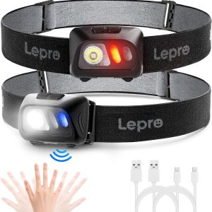 Lepro PR320017-a-2 Rechargeable Headlamp with Motion Sensor - 1500Lux LED Head Lamp with Red Light for Outdoor Activities, 2 Pack