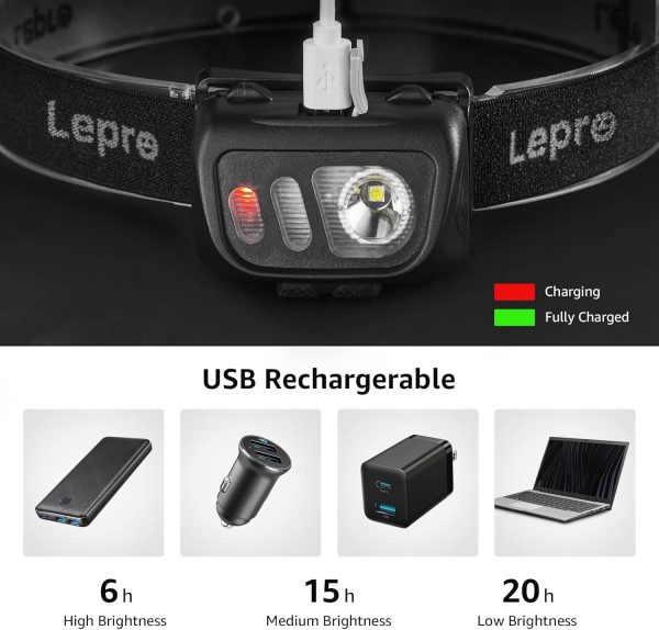 Lepro PR320017-a-2 Rechargeable Headlamp with Motion Sensor - 1500Lux LED Head Lamp with Red Light for Outdoor Activities, 2 Pack - Image 2
