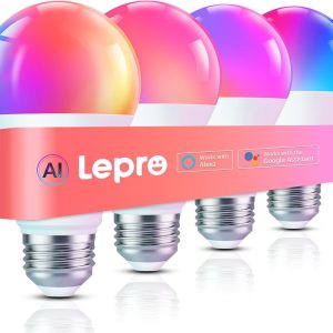 Lepro B1 AI Smart Light Bulbs - WiFi & Bluetooth RGBWW Color Changing LED Bulb Compatible with Alexa & Google Assistant, AI Generated Lighting LLM, AI Voice Control, Music Sync, 2.4GHz Only, 4 Packs