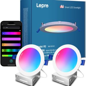 Lepro R2 AI 6 inch LED Recessed Light - LLM AI Lighting with Mood Recog. Dimmable Wafer Lights RGBCW Sync with Music, Smart Canless Downlights Work Alexa & Google Assistant, 12W 1050 Lumen, 2-Pack