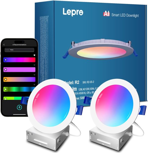 Lepro R2 AI 6 inch LED Recessed Light - LLM AI Lighting with Mood Recog. Dimmable Wafer Lights RGBCW Sync with Music, Smart Canless Downlights Work Alexa & Google Assistant, 12W 1050 Lumen, 2-Pack