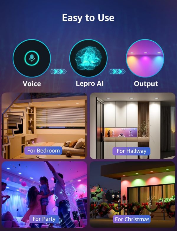 Lepro R2 AI 6 inch LED Recessed Light - LLM AI Lighting with Mood Recog. Dimmable Wafer Lights RGBCW Sync with Music, Smart Canless Downlights Work Alexa & Google Assistant, 12W 1050 Lumen, 2-Pack - Image 3