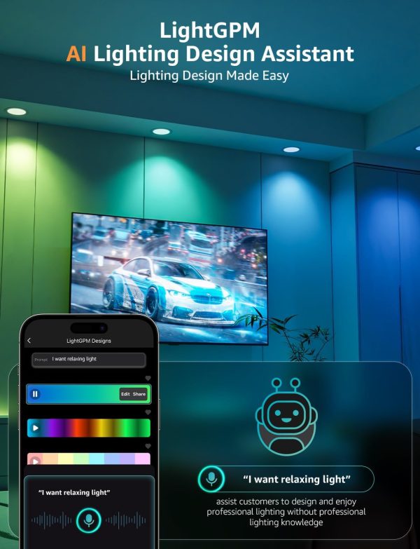 Lepro R2 AI 6 inch LED Recessed Light - LLM AI Lighting with Mood Recog. Dimmable Wafer Lights RGBCW Sync with Music, Smart Canless Downlights Work Alexa & Google Assistant, 12W 1050 Lumen, 2-Pack - Image 4