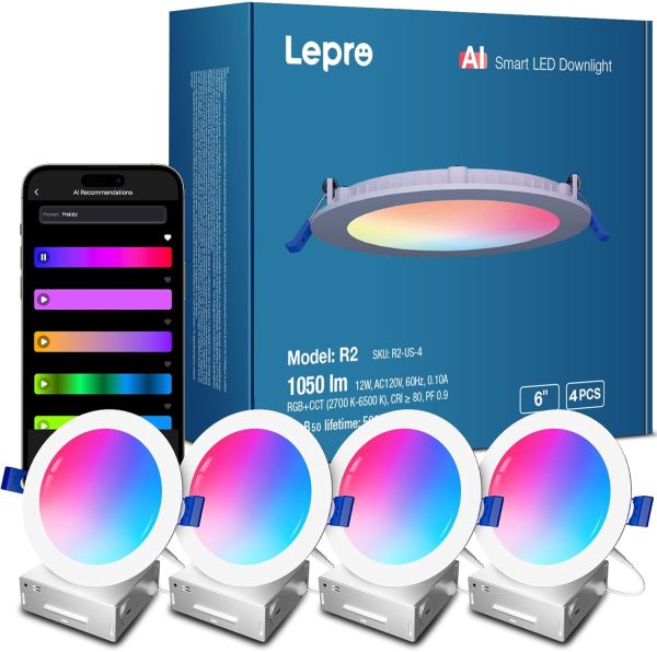 Lepro R2 AI 6 inch LED Recessed Light - LLM AI Lighting with Mood Recog. Dimmable Wafer Lights RGBCW Sync with Music, Smart Canless Downlights Work Alexa & Google Assistant, 12W 1050 Lumen, 2-Pack - Image 10