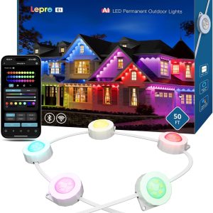 Lepro E1 AI Permanent Outdoor Lights APP Control, 50ft Smart RGB+IC Christmas House Lights with 30 Warm/Cool White LED Pucks, Alexa Google Enabled, AI Generated Lighting LLM, NO Remote, 2.4 GHz WiFi