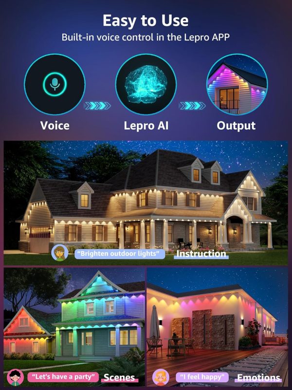 Lepro E1 AI Permanent Outdoor Lights APP Control, 50ft Smart RGB+IC Christmas House Lights with 30 Warm/Cool White LED Pucks, Alexa Google Enabled, AI Generated Lighting LLM, NO Remote, 2.4 GHz WiFi - Image 3
