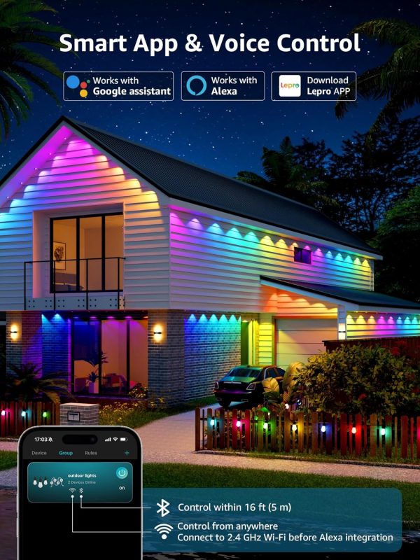 Lepro E1 AI Permanent Outdoor Lights APP Control, 50ft Smart RGB+IC Christmas House Lights with 30 Warm/Cool White LED Pucks, Alexa Google Enabled, AI Generated Lighting LLM, NO Remote, 2.4 GHz WiFi - Image 7