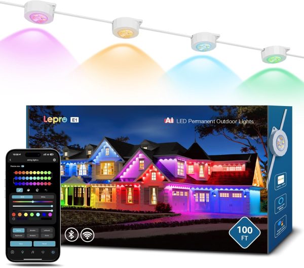 Lepro E1 AI Permanent Outdoor Lights APP Control, 50ft Smart RGB+IC Christmas House Lights with 30 Warm/Cool White LED Pucks, Alexa Google Enabled, AI Generated Lighting LLM, NO Remote, 2.4 GHz WiFi - Image 10