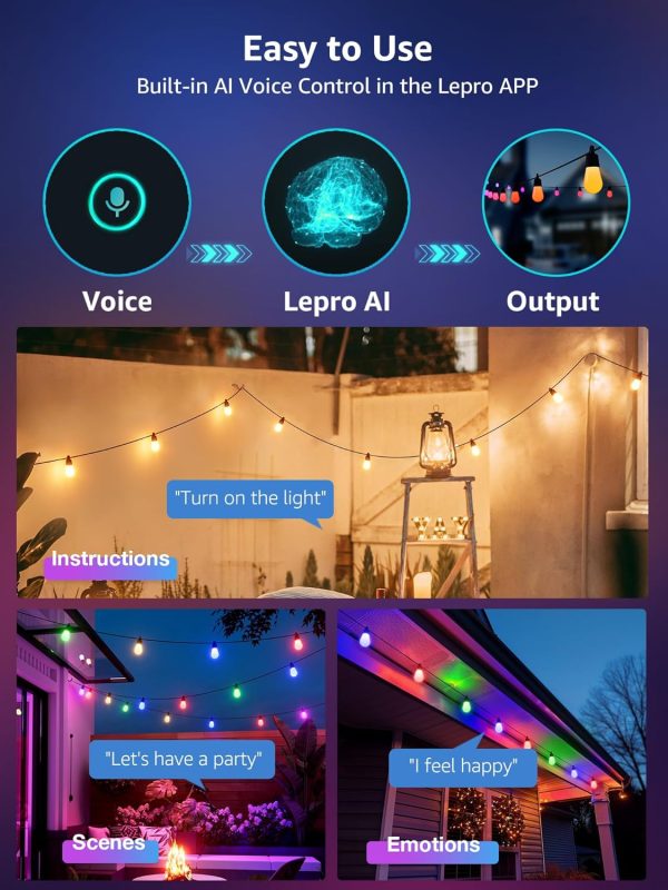 Lepro ZB1 AI Smart Outdoor String Lights APP Control, 100(88+12) ft RGB+IC+Warm White Outdoor Light 30 LED Bulbs, NOT Extendable, Alexa Google Enabled, Music Sync, NO Remote, 2.4 GHz WiFi+Bluetooth - Image 3