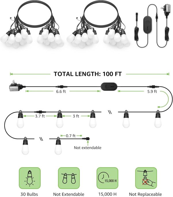 Lepro ZB1 AI Smart Outdoor String Lights APP Control, 100(88+12) ft RGB+IC+Warm White Outdoor Light 30 LED Bulbs, NOT Extendable, Alexa Google Enabled, Music Sync, NO Remote, 2.4 GHz WiFi+Bluetooth - Image 4