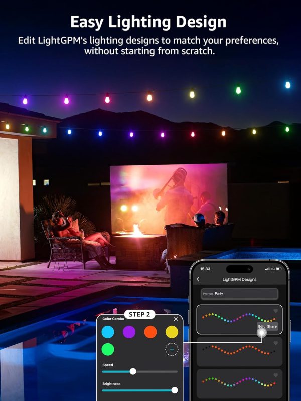 Lepro ZB1 AI Smart Outdoor String Lights APP Control, 100(88+12) ft RGB+IC+Warm White Outdoor Light 30 LED Bulbs, NOT Extendable, Alexa Google Enabled, Music Sync, NO Remote, 2.4 GHz WiFi+Bluetooth - Image 5