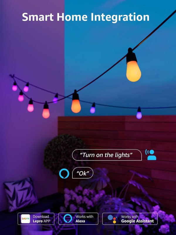Lepro ZB1 AI Smart Outdoor String Lights APP Control, 100(88+12) ft RGB+IC+Warm White Outdoor Light 30 LED Bulbs, NOT Extendable, Alexa Google Enabled, Music Sync, NO Remote, 2.4 GHz WiFi+Bluetooth - Image 9