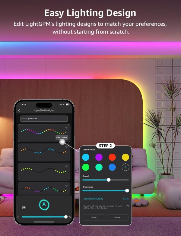 Lepro S1 AI LED Strip Lights for Bedroom - 16.4ft Smart RGB Light Strips with IC and Rainbow Chasing Effects, Color Segment DIY, AI Generated Lighting, No Remote, 2.4G Wi-Fi & Bluetooth - Image 5