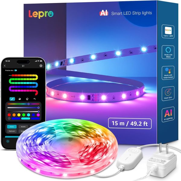 Lepro S1 AI LED Strip Lights for Bedroom - 16.4ft Smart RGB Light Strips with IC and Rainbow Chasing Effects, Color Segment DIY, AI Generated Lighting, No Remote, 2.4G Wi-Fi & Bluetooth - Image 10